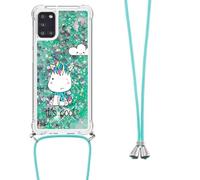 Crossbody Case for iPhone 16 Pro, 3D Glitter Quicksand Flowing Liquid Bling Sparkle Cute Clear Transparent TPU Lanyard Cord Gel Silicone Shockproof Cover Protective Case for Girls Women Green Unicorn