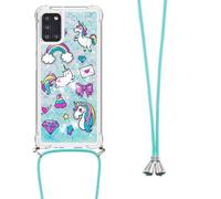Crossbody Case for Samsung Galaxy A16 Case with Adjustable Lanyard Cord Detachable Rope, Liquid Glitter Sparkle Floating Bling Quicksand Lanyard Silicone Flowing Slim Phone Case Cover Unicorn