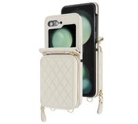 Crossbody Case for Samsung Galaxy Z Flip 7, Large Capacity Zipper Wallet Cover Leather Shoulder Strap Adjustable Drop Protection Phone Case White