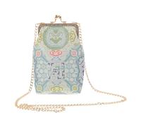 Crossbody Coin Purse 110cm Chain Handmade Embroidered with Detachable | Light Green Cloth and Alloy Build, Kiss-lock Closure, Retro Ethnic Floral Pattern, for Travel and Street Shopping