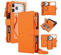 Crossbody Detachable Wallet Case for iPhone 17 Pro Max with Screen Protector, RFID Blocking Card Holder PU Leather Zipper Purse Flip Cover Wrist Strap Lanyard for iPhone 17 Pro Max 6.9", Orange