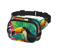 Crossbody Fanny Pack for Women Men Fashion Waist Pack Belt Bag for Hiking Running Travel, Colorful Tropical Bird Party Toucan Parrot with Palm Leaves