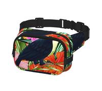 Crossbody Fanny Pack for Women Men Fashion Waist Pack Belt Bag for Hiking Running Travel, Toucan and Colorful Flowers