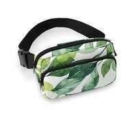 Crossbody Fanny Pack for Women Men Green Tint Leaves Waist Pack Sports Belt Bag Large Waist Bag with Adjustable Strap Fashion Hip Bum Bag for Workout Running Traveling, white, 7.9x5.1 Inches