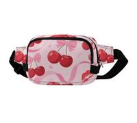 Crossbody Fanny Pack for Women Men, Lightweight Waist Pack Crossbody Bag with 2 Zipper Pockets, Adjustable Strap, Cherry Pink Bow With Red Lips Belt Bag Phone Pouch for Running Hiking Travel