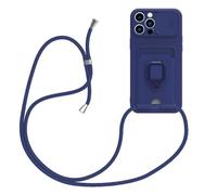 Crossbody Lanyard Case for iPhone 16 Pro with Slide Camera Cover, Silicone Phone Case with Roating Ring Stand Card Holder with Adjustable Strap Cord Lanyard Shockproof Protective Cover