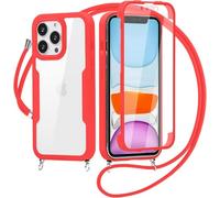 Crossbody Lanyard Case for Samsung Galaxy A05S, 360° Full Body with Built-in Screen Protector Touch Sensitive, Clear Shockproof Soft Bumper Phone Case - red