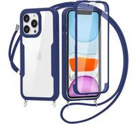 Crossbody Lanyard Case for Samsung Galaxy A21S, 360° Full Body with Built-in Screen Protector Touch Sensitive, Clear Shockproof Soft Bumper Phone Case - blue