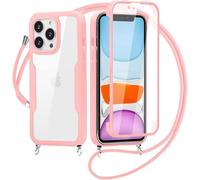Crossbody Lanyard Case for Samsung Galaxy A32 4G, 360° Full Body with Built-in Screen Protector Touch Sensitive, Clear Shockproof Soft Bumper Phone Case - pink