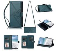 Crossbody Phone Cover for iPhone 14 Pro | Embossed Pattern Design Retro Business Wallet Case with 9 Card Holders Slots PU Leather Flip Case Wrist Strap Magnetic Bumper
