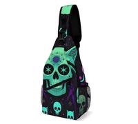 Crossbody Shoulder Bag Halloween Trippy Goth Cat Black Skull Anti Theft Daypack Unisex Sling Backpack for Cycling Women Boys
