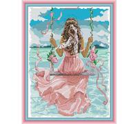 CROSSDECOR Stamped Cross Stitch Kits,Full Range of Cross-Stitch Needlepoint Kits for Beginners,14 CT 2 Strands Embroidery Kit Arts and Crafts for Home Wall Decor Gifts-Sea View Girl 27×34cm