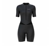 Crossedge Women Cycling Skinsuit Half Sleeve with Mesh Triathlon One Piece Hi-Viz Reflector and Leg Grippers One Back Pocket Ladies Bib Short. (All Black, Large)