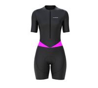 Crossedge Women Cycling Skinsuit Half Sleeve with Mesh Triathlon One Piece Hi-Viz Reflector and Leg Grippers One Back Pocket Ladies Bib Short. (Black/Pink, Large)