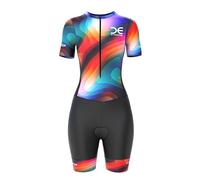 Crossedge Women’s Cycling Trisuit Half Sleeve Unique Sublimated Design Padded with Silicone Grippers, Mesh on the Sides and Breathable Aerodynamic Triathlon suit. (X-Large, Orange, One Size)
