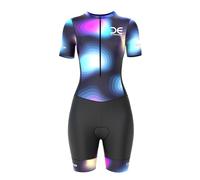Crossedge Women’s Cycling Trisuit Half Sleeve Unique Sublimated Design Padded with Silicone Grippers, Mesh on the Sides and Breathable Aerodynamic Triathlon suit. (Small, Black/Blue, One Size)