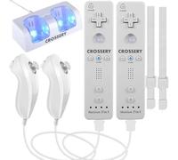 Crossery Wii Remote and Nunchuck Controller Bundle with Charging Dock - 2 Pack Motion Plus Remotes, 2 Nunchucks, 1 Charging Station, Compatible with Nintendo Wii & Wii U - White