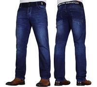 Crosshatch Men’s New Embossed Techno Straight Fit Denim Jeans-Dark Wash with Branded Belt, Contrast Stitching & Embossed Back Pocket Detail,W34 L34