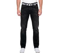 Crosshatch Men’s Slim Fit Jeans with Designer Canvas Belt - Premium Straight Leg Denim Trousers for Men - Classic Button Fly, Faded Wash, Comfort Stretch Cotton Black