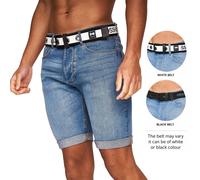 Crosshatch Mens Belted Denim Shorts Stretch Slim Fit Half Jeans Summer Pants