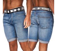 Crosshatch Mens Stretch Denim Shorts Belted Knee Length Roll Up Faded Casual New