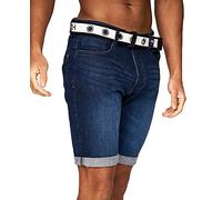 Crosshatch Mens Stretch Denim Shorts Belted Knee Length Roll Up Faded Casual New, Dark Wash, 30W