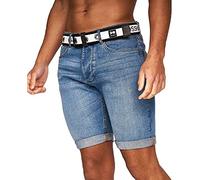 Crosshatch Mens Stretch Denim Shorts Belted Knee Length Roll Up Faded Casual New, Light Wash, 30W