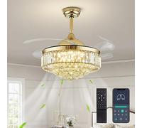 CROSSIO Modern Crystal Ceiling Fan with Lights Gold Retractable Ceiling Fan Dimmable LED Ceiling Fan Light 42" Invisible Fandelier for Bedroom Living Room