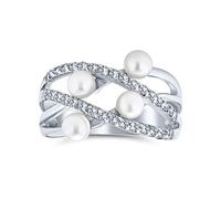 Crossover Criss Cross Stacking Style Fashion Statement White Simulated Pearl Band Ring For Women .925 Sterling Silver