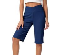 Crossover Shorts for Women UK High Waisted Running Knee Length Yoga Pants Summer Comfy Stretch Gym Workout Slim Fit Athletic Shorts Casual Straight Leg Bermuda Pants with Pockets Blue