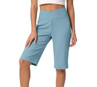 Crossover Shorts for Women UK High Waisted Running Knee Length Yoga Pants Summer Comfy Stretch Gym Workout Slim Fit Athletic Shorts Casual Straight Leg Bermuda Pants with Pockets Sky Blue