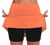 Crossover Tennis Skort Girls with High Waist, Women's Pleated Tennis Skirt, Plain Activewear Mini Skirt, Summer Outdoor Sports Exercise Running Skirt, Black Leggings Inner Shorts, orange, XL