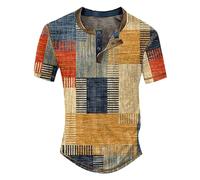 Crossover Tops for Men UK Blouse Hem 60Th Birthday Gifts for Men Holiday Men's T Shirt Button Neck Short Sleeved Casual Top Striped Plaid Retro Western Denim Print Top Sale Clearance Items