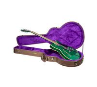 Crossrock Wooden Electric Guitar Case for 335 Style Semi-Hollow | Chocolate Brown Faux Leather, Purple Velvet Interior, Lock - Designer Series