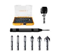 Crosstar Pro Cobalt Countersink Drill Bit Set, Titanium Aluminum Nitride Coated, 1/4" Hex Shank, 6-Piece (1/4" to 3/4") with Center Punch & Quick-Change Adapter for Metal, Wood, Stainless Steel