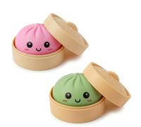 Crossunx 2 PCS Pink & Green Dumpling Squishies Stress Balls, Colorful Squishies Dumpling Fidget Sensory Toy with Food Steamer, Squeeze Dough Ball for Stress Relief, Stretchy Desk Toys Gift