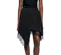 CROSTRITON Women's Satin Asymmetric Skirt Lace Trim High Low Hem Mini Wrap Skirt Side Zip Going Out Party Outfit, Black S