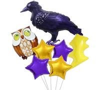 Crow and Owl Balloon Set with Lightning and Stars - Purple and Gold Foil Balloons Raven Balloon for Crow Party Decor,Halloween, Gothic,Wizard, and Magic Theme Party Decorations