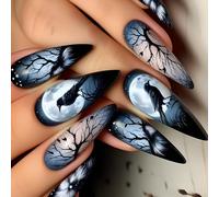 Crow Branch Design Pressing Claw Long Almond Fake Nail 24 PCS Shiny Halloween Stick On Nails For Women
