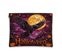 Crow Canvas with Zipper, Fanciful Gothic Pumpkins Castle Halloween Violet Canvas with Zipper Makeup Bags for Women for Travel, Purse, Bathroom, Vanity and Daily Storage, Purple, 7x9 Inch, Whimsical