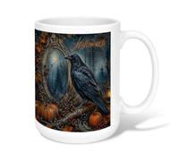 Crow Ceramic Coffee Mug, Gothic Mystical Pumpkins Mirror Halloween Black Novelty Tea Mug with Handle Ideal for Friendship Family Colleague Staff Sweetheart Teachers 15 Oz