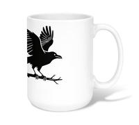 Crow Ceramic Coffee Mug, Minimalistic Contemporary Branch Wings Autumn Black Novelty Work Drinking Mugs with Handle Ideal for Friends Family Co-Worker Lovers Eldership Senior 15 Oz