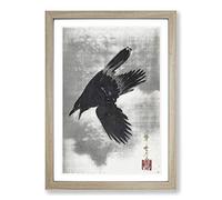 Crow Flying in The Snow by Kawanabe Kyosai Framed Print | A2 Oak Framed Wall Art | Ready to Hang | Modern Animal Picture | Living Room Bedroom Lounge Office