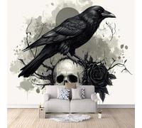 Crow Photo Wallpaper Gothic Skull Flowers Wallpaper Wall Mural 300 × 256 cm / 118" × 100.7" - Non-Woven Wall Mural 3D Art Print Bedroom Living Room Decoration Poster