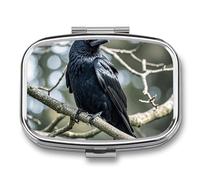 Crow Pill Box 2 Compartment Square Metal Pill Organizer Portable Mini Travel Medicine Case with Mirror Cute Medicine Container Holder for Pocket Purse