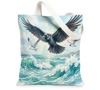 Crow Ravens Bird Canvas Tote Bag for Shopping 13 * 15, Cool Sea Ocean Waves Scenery Reusable Grocery Shoulder Bag for Women, Animal Painting Gift Decor