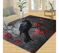 Crow Rugs for Boys Room, Gothic Art Area Rugs for Bedroom, Withered Rose Rug & Home Decor, Low Pile Non Slip Carpet for Computer Game Room Dormitory - 50x80 cm