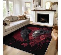 Crow Skull Area Rugs for Living Room, Gothic Black Red Rose Design Rugs Bedroom, Non Slip Low Pile Soft Washable Floor Carpets Home Decor, 120 x 170 cm ZY&L19