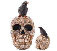Crow Skull Gothic Ornament - Resin 13x10x19cm | Halloween Raven On Skeleton Figurine | Realistic Collectible Prop With Crow Skull Statue For Halloween Decor