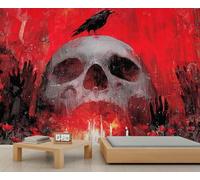 Crow Skull Wallpapers, Halloween Gothic Skull Pattern Wallpaper, Watercolor Red Horror Theme Wallpaper Murals for Kids Bedroom Living Room Art Paintings Mural 350 X 256 cm